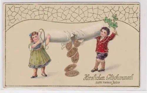 88772 AK Glückwunsch zum Neuen Jahr 2 Kinder tragen rolle mit Goldmünzen 1916