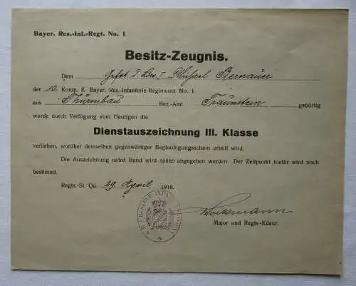 Urkunde Bayern Dienstauszeichnung III. Klasse 1918 Inf. Regt. Nr. 1 (163510)