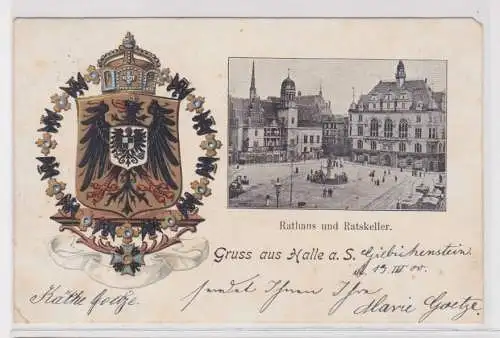907047 Wappen Ak Gruss aus Halle a.S. - Rathaus und Ratskeller 1900