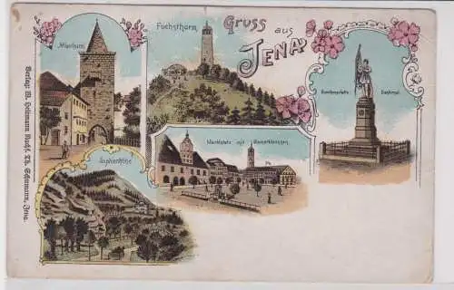 906846 Lithographie Ak Gruss aus Jena - Fuchsthurm, Denkmal, Markt usw. um 1900