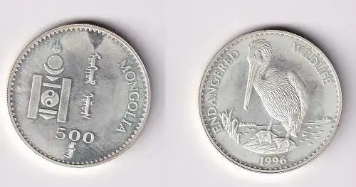 500 Tukhrik Silber Münze Mongolei bedrohte Tierwelt, Pelikan 1996 PP (166269)
