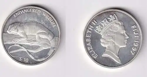 10 Dollar Silber Münze Fiji Fidschi bedrohte Tierwelt Leguan 1997 PP (166278)