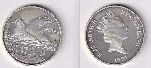 5 Dollar Silber Münze Neuseeland bedrohte Tierwelt, Seelöwen 1993 PP (166592)