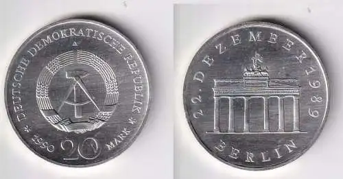 DDR Gedenk Münze 20 Mark Brandenburger Tor Silber 1990 Stempelglanz (167514)