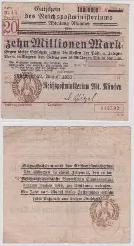 10 Millionen Mark Banknote Reichspostministerium München 22.8.1923 (115988)
