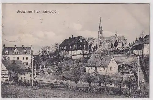 23742 AK Gruss aus Herrmannsgrün - Ortsansicht mit Kirche 1912