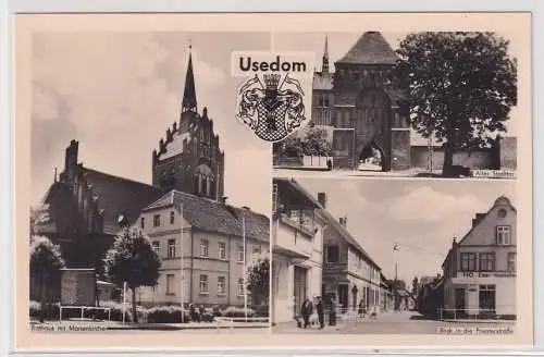 903960 AK Usedom - Rathaus mit Marienkirche, Stadttor, Blick in die Priesterstr.