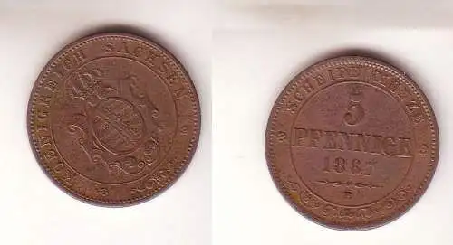 5 Pfennige Kupfer Münze Sachsen 1867 B fast sehr schöne Erhaltung