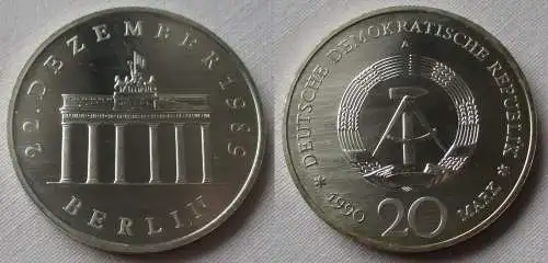 DDR Gedenk Münze 20 Mark Brandenburger Tor Silber 1990 Stempelglanz (137510)