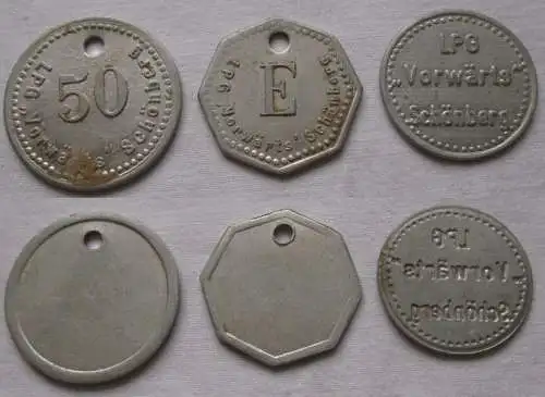 3x Aluminium Wertmarken LPG "Vorwärts" Schönberg (147689)