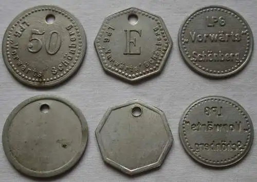 3x Aluminium Wertmarken LPG "Vorwärts" Schönberg (143320)
