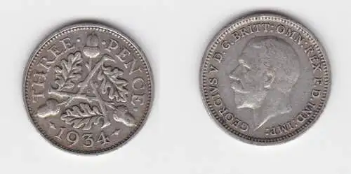 3 Pence Silber Münze Großbritannien George V. 1934 ss (153682)