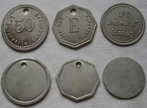 3x Aluminium Wertmarken LPG "Vorwärts" Schönberg (146997)
