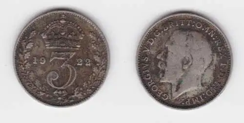 3 Pence Silber Münze Großbritannien George V. 1922 ss (152703)