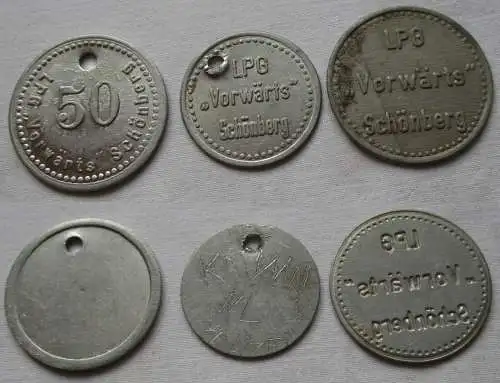3x Aluminium Wertmarken LPG "Vorwärts" Schönberg (144850)