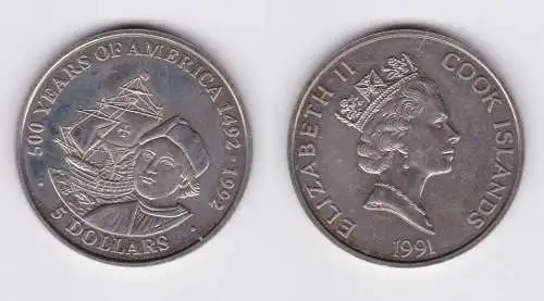 5 Dollar Kupfer Nickel Münze Cook Inseln Kolumbus mit Segelschiff 1991 (112436)