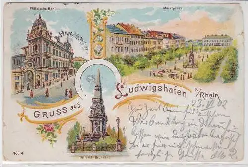 23119 Lithographie Ak Gruss aus Ludwigshafen a. Rhein - Markt, Pfälzische Bank