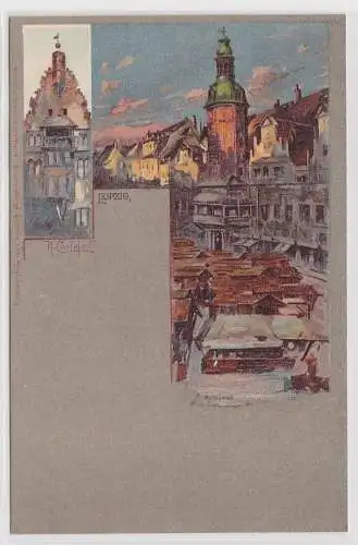 84268 Künstler Ak Leipzig - Rathaus mit Marktplatz um 1900