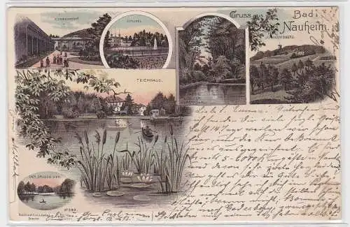 98370 Lithographie Ak Gruss aus Bad Nauheim - Kurbrunnen, Sprudel, Teichhaus