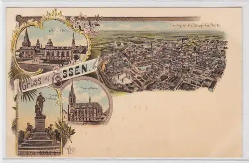 95478 Lithographie Ak Gruss aus Essen - Münster Kirche,Krupp-Denkmal usw um 1900