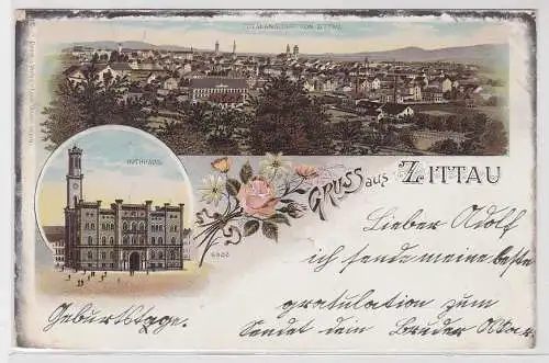 83170 Lithographie Ak Gruss aus Zittau - Rathaus, Totalansicht 1901