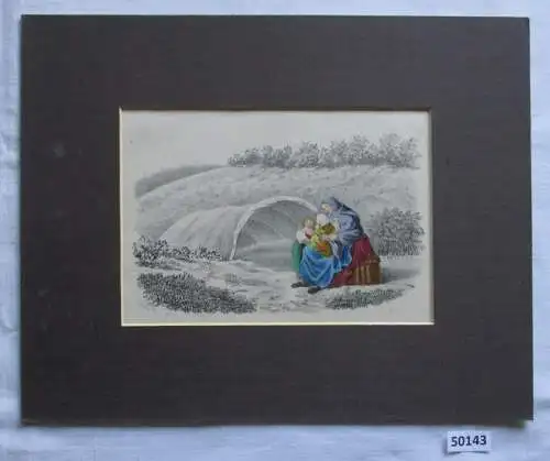 alter Stich - Motiv Bäuerin mit ihren Kindern auf Feld
