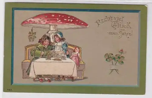 82123 AK Recht viel Glück zum Neuen Jahre, Teekränzchen unter einem Fliegenpilz