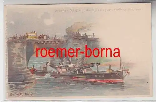 59199 Künstler Ak Dresden Schiffszug durch die Augustusbrücke fahrend um 1900