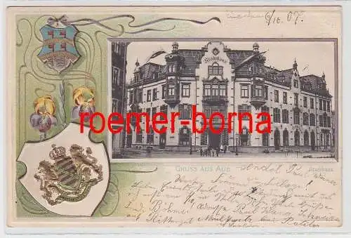 75717 geprägte Ak im Jugendstil: Gruss aus Aue Stadthaus 1907