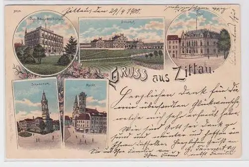 76392 Ak Lithographie Gruß aus Zittau Bahnhof, Post usw. 1900