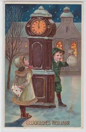 54158 Neujahrs Ak 2 Kinder mit Brief und Geldbeutel vor Uhr 1912