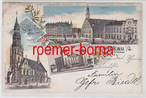 77527 Ak Lithografie Gruss aus Zwickau i.S. Hauptmarkt, Bahnhof, Kirche 1900