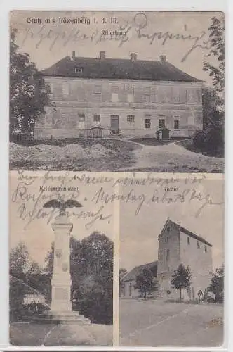 55929 AK Gruß aus Löwenberg - Ritterburg, Kriegerdenkmal & Kirche 1912