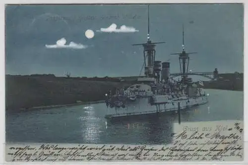 83813 Mondschein AK Gruss aus Kiel, Panzerschiff Kurfürst Friedrich Wilhelm 1902