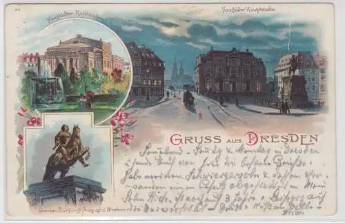 98478 Ak Gruss aus Dresden - Neustädter Hauptwache, Hoftheater & Denkmal 1904