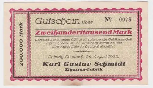 200000 Mark Banknote Leipzig Leutzsch Zigarrenfabrik Karl Gustav Schmidt(122055)