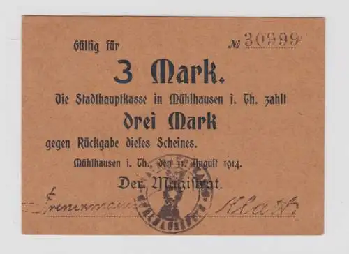 3 Mark Banknoten Notgeld Stadthauptkasse Mühlhausen in Thüringen 1914 (136727)
