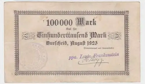 100000 Mark Banknote Burscheid Louis Frankenstein August 1923 (122303)