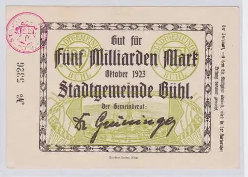 5 Milliarden Mark Banknote Stadtgemeinde Bühl Oktober 1923 (126212)