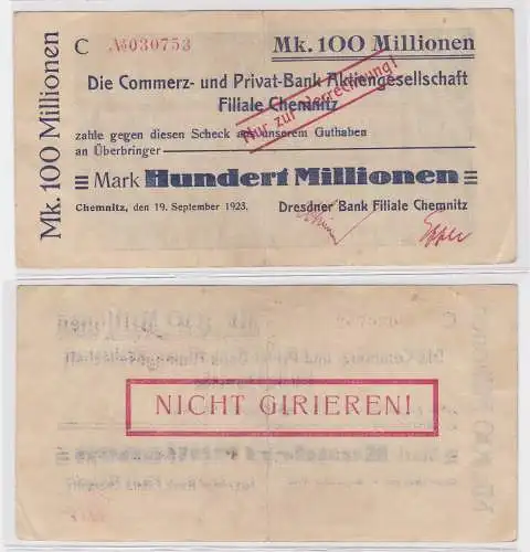 100 Millionen Mark Banknote Chemnitz Commerz & Privat Bank 19.09.1923 (121617)
