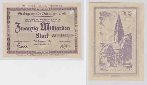 20 Milliarden Mark Banknote Inflation Notgeld Stadt Geislingen 1923 (137880)