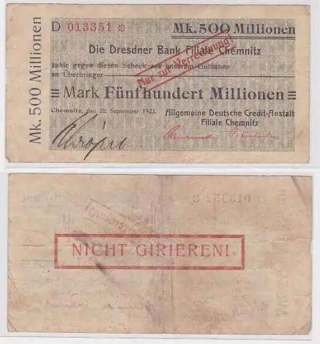 500 Millionen Mark Banknote Chemnitz Dresdner Bank 28.9.1923 (121624)