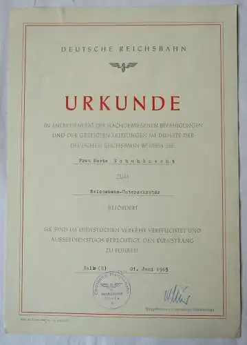 DDR Urkunde Beförderung Deutsche Reichsbahn Halle Reichsbahn U-Sekretär (134485)