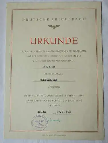DDR Urkunde Beförderung Deutsche Reichsbahn Dresden Unterassistent 1961 (136290)