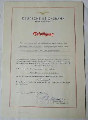 DDR Urkunde Belobigung Deutsche Reichsbahn Bahnhof Senftenberg 1980 (136323)