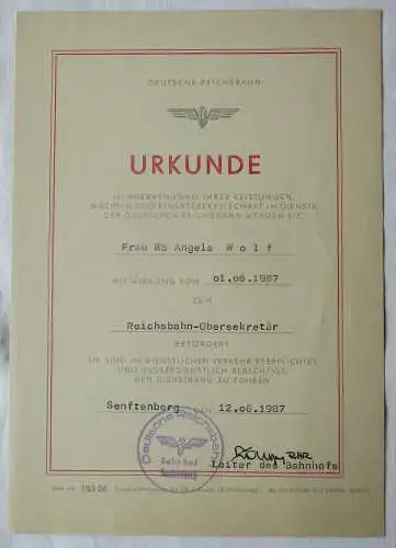 DDR Urkunden Beförderung Deutsche Reichsbahn Dresden Obersekretär 1987 (134965)