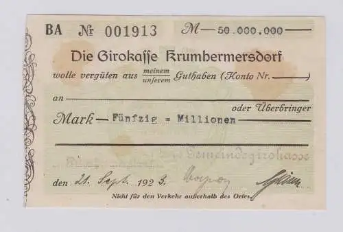 50 Millionen Mark Banknote Girokasse Krumhermersdorf 21.9.1923 (126525)