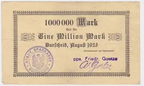 1 Million Mark Banknote Burscheid Friedrich Goetze 1923 (122294)