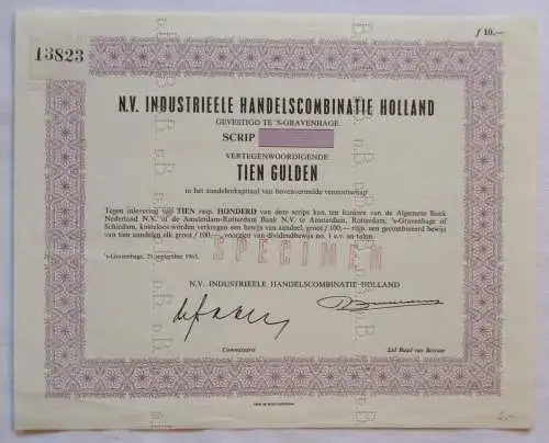 10 Gulden Aktie Industriehandelskombination Holland 's-Gravenhage 1965 (131373)