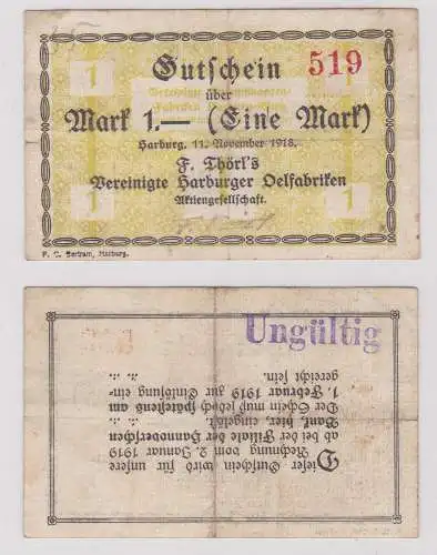 1 Mark Banknote F.Törls vereinigte Harburger Ölfabriken 11.11.1918 (126157)